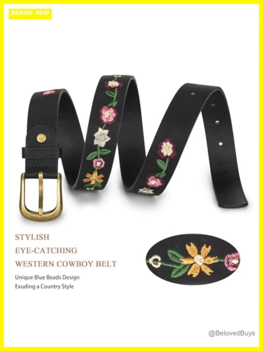 Vintage Floral Embroidered PU Leather Belt Antique Gold Buckle Women